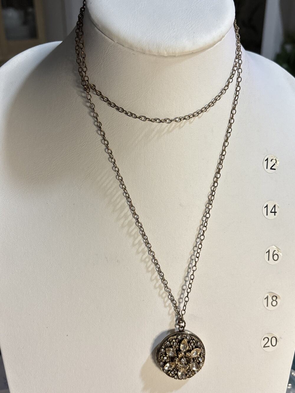 Long Gold Tone Rhinestone Flower Locket Necklace Round Photo Pendant